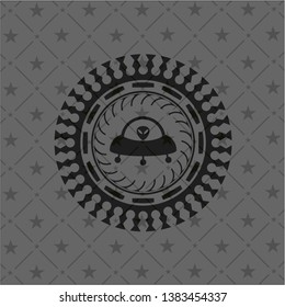 ufo with aline inside icon inside realistic dark emblem