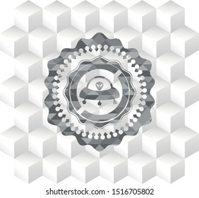 ufo with aline inside icon inside realistic grey emblem with geometric cube white background