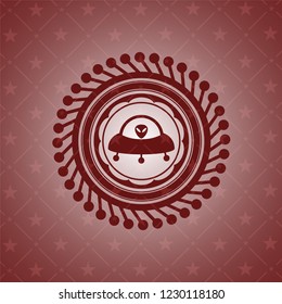 ufo with aline inside icon inside red emblem. Vintage.