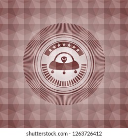 ufo with aline inside icon inside red emblem with geometric pattern background. Seamless.