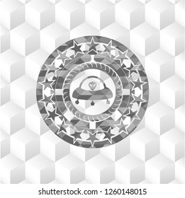 ufo with aline inside icon inside retro style grey emblem with geometric cube white background