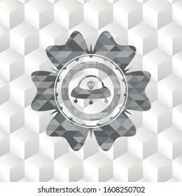 ufo with aline inside icon inside retro style grey emblem with geometric cube white background