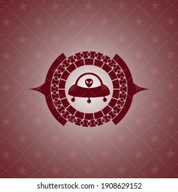 ufo with aline inside icon inside retro red emblem. 