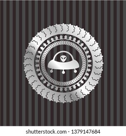ufo with aline inside icon inside silver shiny badge