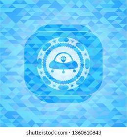 ufo with aline inside icon inside sky blue emblem. Mosaic background