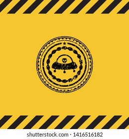 ufo with aline inside icon inside warning sign, black grunge emblem. Vector Illustration. Detailed.