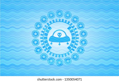 ufo with aline inside icon inside water wave badge background.