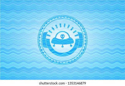 ufo with aline inside icon inside water wave representation emblem background.
