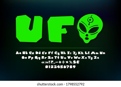 UFO alphabet geometric shape. Flat English ABC white letters on dark background. Vector set