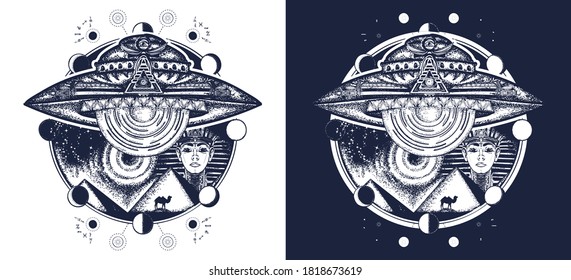 UFO and ancient Egypt tattoo art. Paleocontact concept. Aiens, ancient astronauts. Spaceship over pyramids of Egypt t-shirt design. Black and white vector graphics 