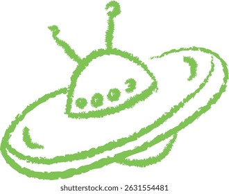 A UFO with antennas drawn in a sketchy style and rough edges. The spacecraft features a dome and circular body with textured lines. Cartoon vector illustration.