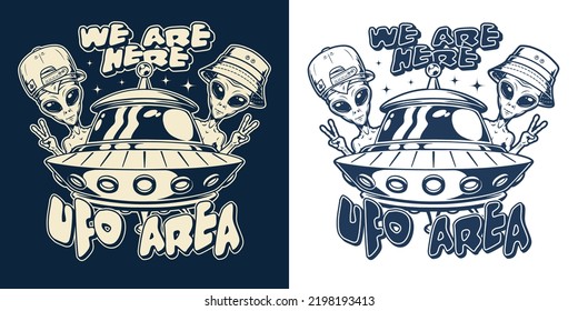 UFO area element vintage monochrome two humanoid aliens hide behind flying saucer greeting inhabitants of galaxy vector illustration