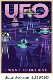 UFO Area Flyer Colorful Vintage Science Fiction Spaceships Or Flying Saucers Hover Over House And Watch People Vector Illustration