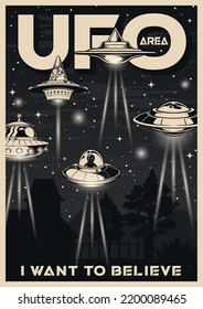 UFO area flyer vintage monochrome flying saucers with aliens hover over farmer house threatening invasion and apocalypse vector illustration