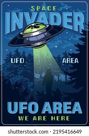 UFO area poster vintage colorful a flying saucer in sky above person shines with laser beam during invasion vector illustration