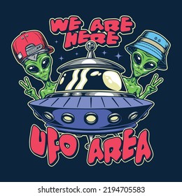 UFO Area Sketch Colorful Vintage With Two Aliens Peeking Out From Behind Flying Saucer Inviting On Space Travel Vector Illustration