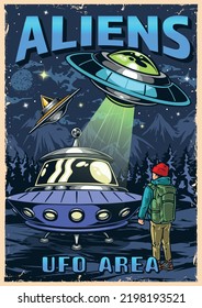 UFO area vintage flyer colorful flying saucers with aliens and little boy in mysterious forest under stars vector illustration