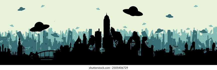 UFO attack on the city. Alien ships destroyed the city. Silhouette of the city on the day of the disaster