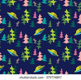 UFO attack on a person in the spruce forest at night vector illustration seamless print pattern