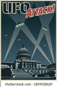 UFO Attack! Retro Sci Fi Magazine Cover Stylization, Flying Saucers, Capitol, Searchlights