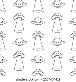 UFO background. Flying saucers seamless pattern in doodle style. Children's contour illustrations with alien spaceships. Print sample for fabric, wallpaper