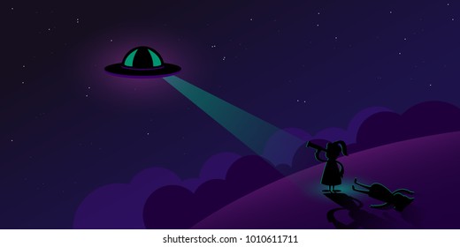 UFO banner aliens in space secret files kidnapping extraterrestrial beings alien spaceship UFO in dark night sky. Vector illustration. Eps 10.