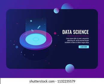 Ufo banner, hi-technology concept of futuristic devices isometric server room and cloud storage vector illustration, dark ultraviolet neon