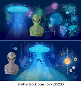 UFO banner, kidnapping aliens in space secret files kidnapping extraterrestrial beings, alien spaceship, UFO in dark night sky 