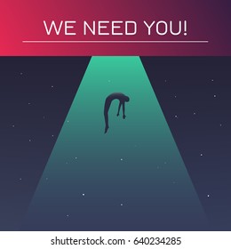 UFO beam of light abducts person against the night sky. We need you concept. Vector illustration in flat style