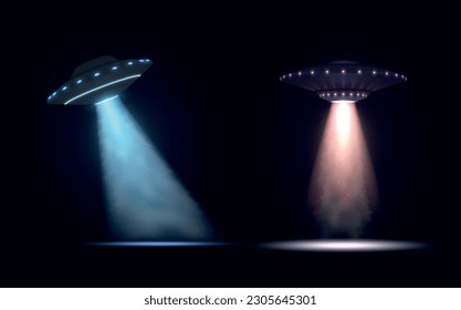 UFO with beam of light flying spaceship blue pink illumination spotlight set realistic vector illustration. Mystery alien vessel spacecraft galaxy vehicle futuristic cosmos fiction visitor aircraft