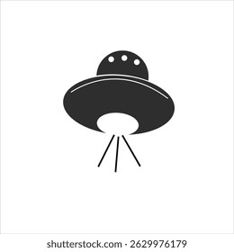 UFO beaming up human silhouette framed inside triangle shaped sci-fi themed logo

