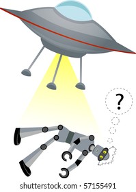 UFO beaming up sad confused robot editable vector illustration