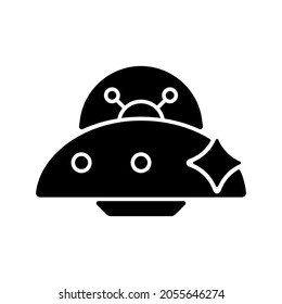 Ufo black glyph icon. Unidentified flying object. Alien ivasion. High tech technologies. Plate shaped space aircraft. Floating rocket. Silhouette symbol on white space. Vector isolated illustration