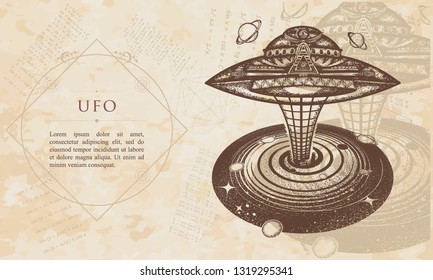 Ufo. Black hole and alien space ship. Renaissance background. Medieval manuscript, engraving art 