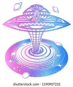 Ufo and black hole tattoo and t-shirt design art. Symbol of science, astronomy, gravitational waves, curvature of space and time. Wormhole. Surreal art. UFO sci-fi concept 