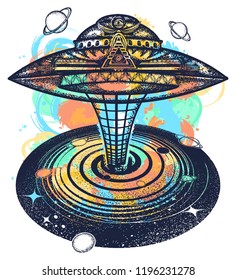 Ufo and black hole tattoo and t-shirt design watercolor splashes style. Symbol of science, astronomy, gravitational waves, curvature of space and time. Wormhole. UFO sci-fi art 