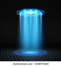 Ufo blue light beam, futuristic alien spaceship isolated vector illustration. Ufo futuristic, spaceship gravity disc