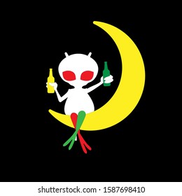 UFO with a bottle on the moon. An alien sits on the moon and drinks.