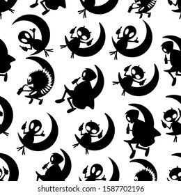 UFO with a bottle on the moon. An alien sits on the moon and drinks. Pattern.