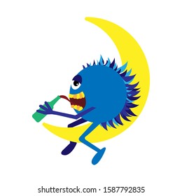 UFO with a bottle on the moon. An alien sits on the moon and drinks.