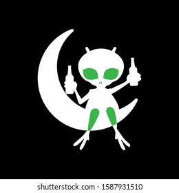UFO with a bottle on the moon. An alien sits on the moon and drinks.