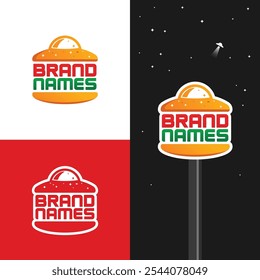 Ufo burger logo with alien ship, stars, space, galaxy. Modern badge burger sign, icon, sticker, tee design concept.