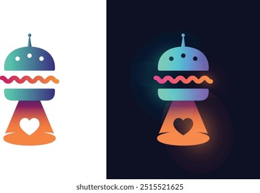 UFO Burger Logo, Creative Alien Spaceship with Heart Beam, Colorful Sci-Fi Restaurant and Food Logo Design