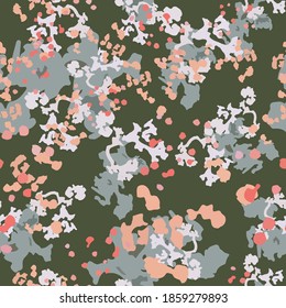 UFO camouflage of various shades of beige, green, pink and white colors. It is a colorful seamless pattern that can be used as a camo print for clothing and background and backdrop or computer wallpap