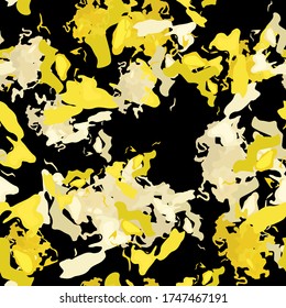 UFO camouflage of various shades of black, yellow and beige colors. It is a colorful seamless pattern that can be used as a camo print for clothing and background and backdrop or computer wallpaper
