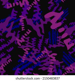 UFO camouflage of various shades of black, blue, violet and purple colors. It is a colorful seamless pattern that can be used as a camo print for clothing and background and backdrop