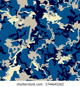 UFO camouflage of various shades of blue and grey colors. It is a colorful seamless pattern that can be used as a camo print for clothing and background and backdrop or computer wallpaper