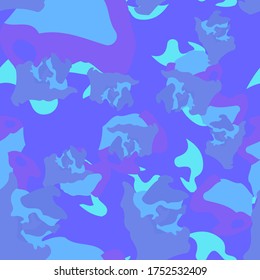UFO camouflage of various shades of blue, wine and violet colors. It is a colorful seamless pattern that can be used as a camo print for clothing and background and backdrop or computer wallpaper