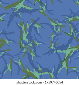 UFO camouflage of various shades of blue and green colors. It is a colorful seamless pattern that can be used as a camo print for clothing and background and backdrop or computer wallpaper