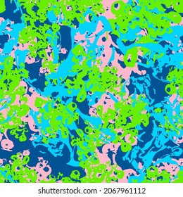 UFO camouflage of various shades of blue, green and pink colors. It is a colorful seamless pattern that can be used as a camo print for clothing and background and backdrop or computer wallpaper